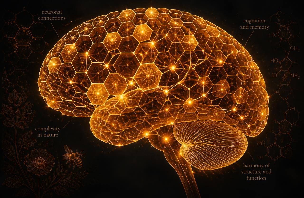 Illustration of a brain built from glowing honeycomb hexagons representing neural connections