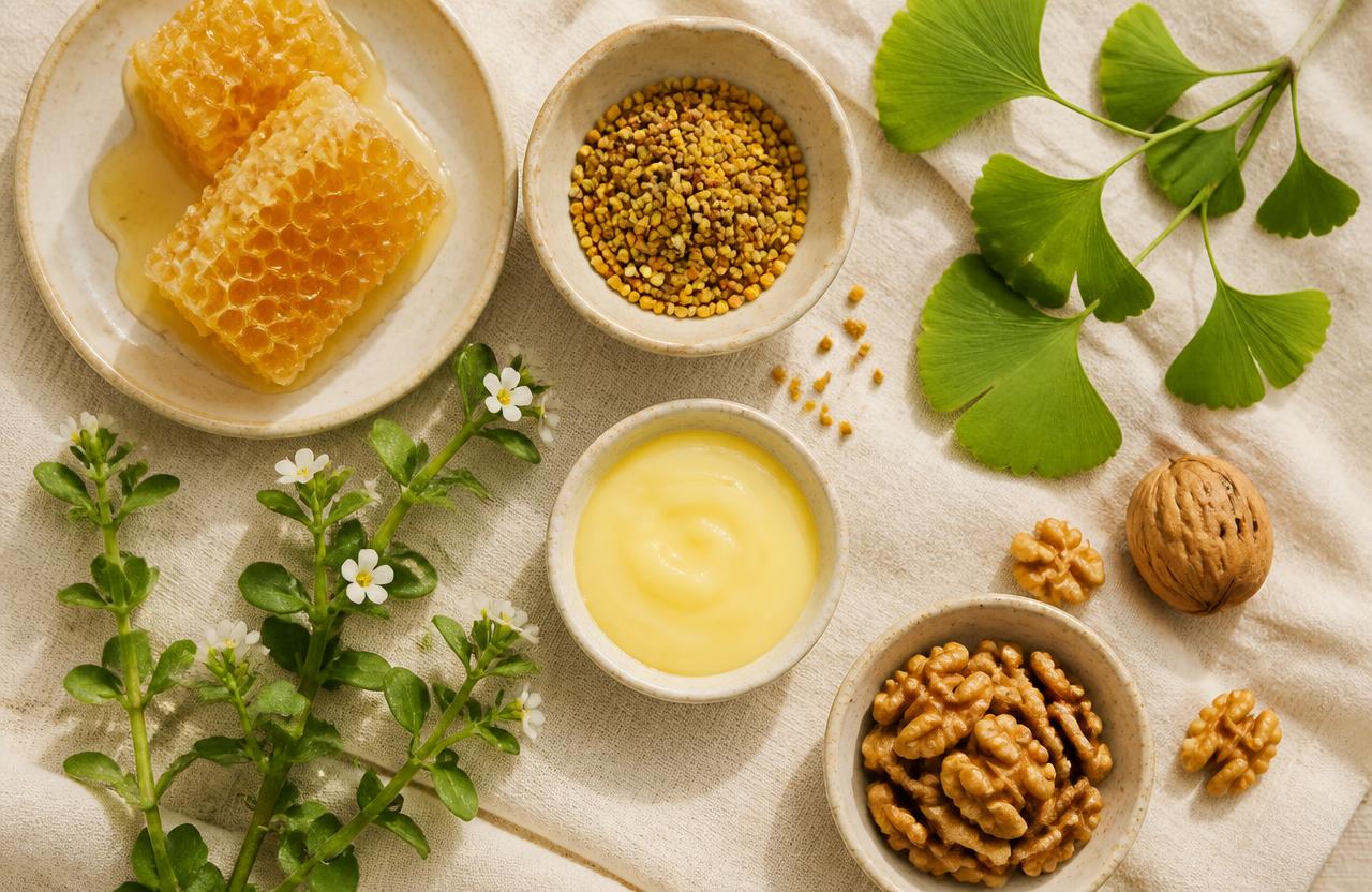 Raw honeycomb, bee pollen, royal jelly, ginkgo biloba and bacopa laid out on linen