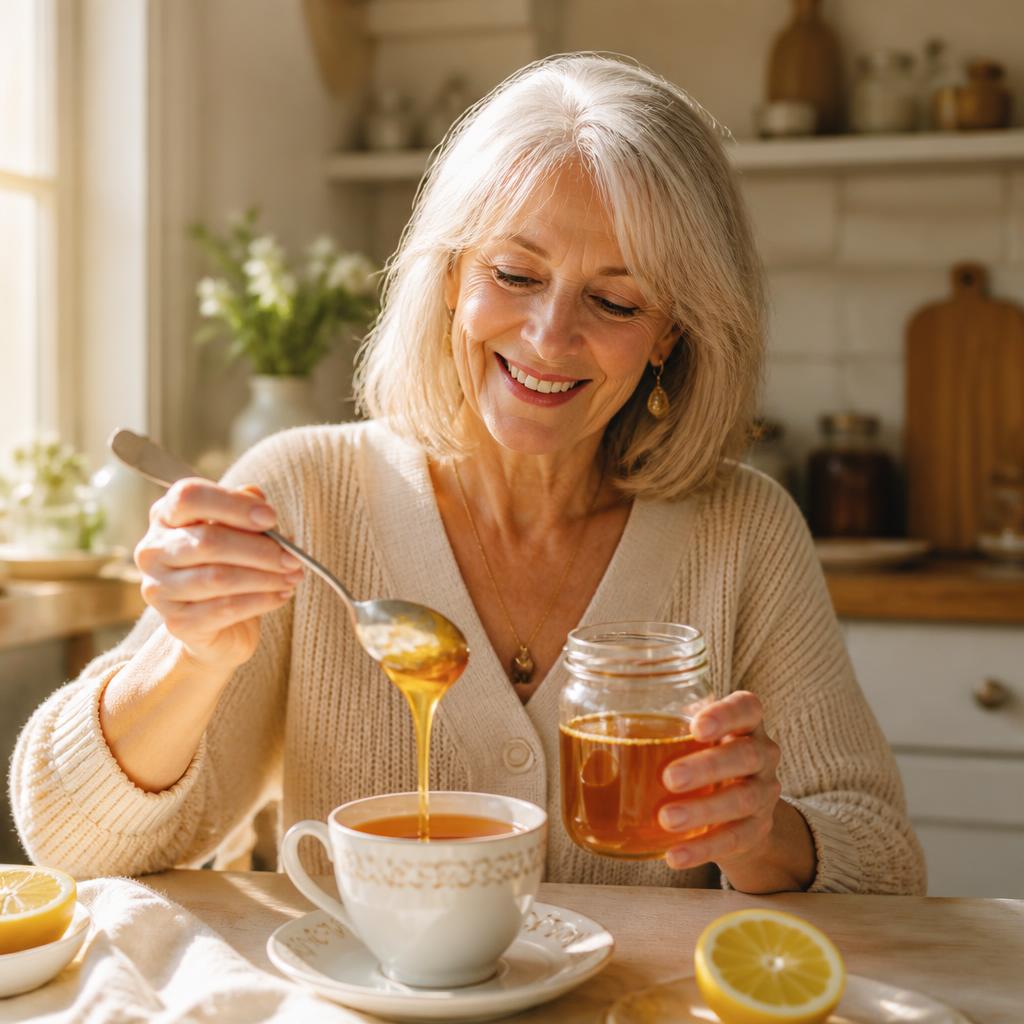 Woman stirring a spoonful of MemoHoney into her morning tea in a sunlit kitchen